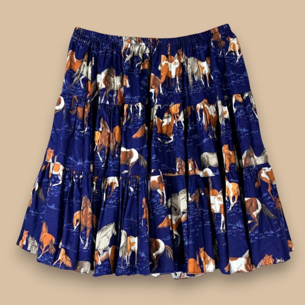 Vintage Broom Skirts Horse Print Broomstick Skirt Navy Blue Western Boho